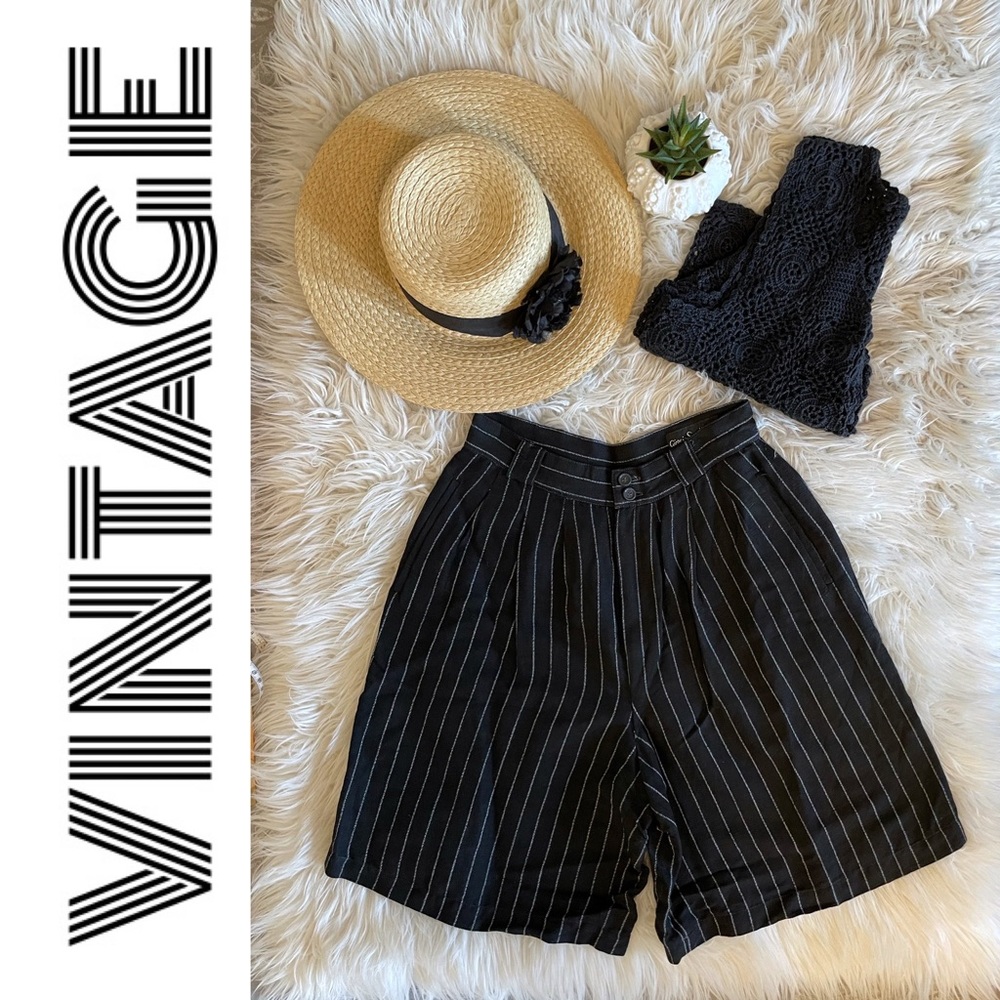 Vintage pin stripe black/white, linen/rayon high waisted Bermuda shorts